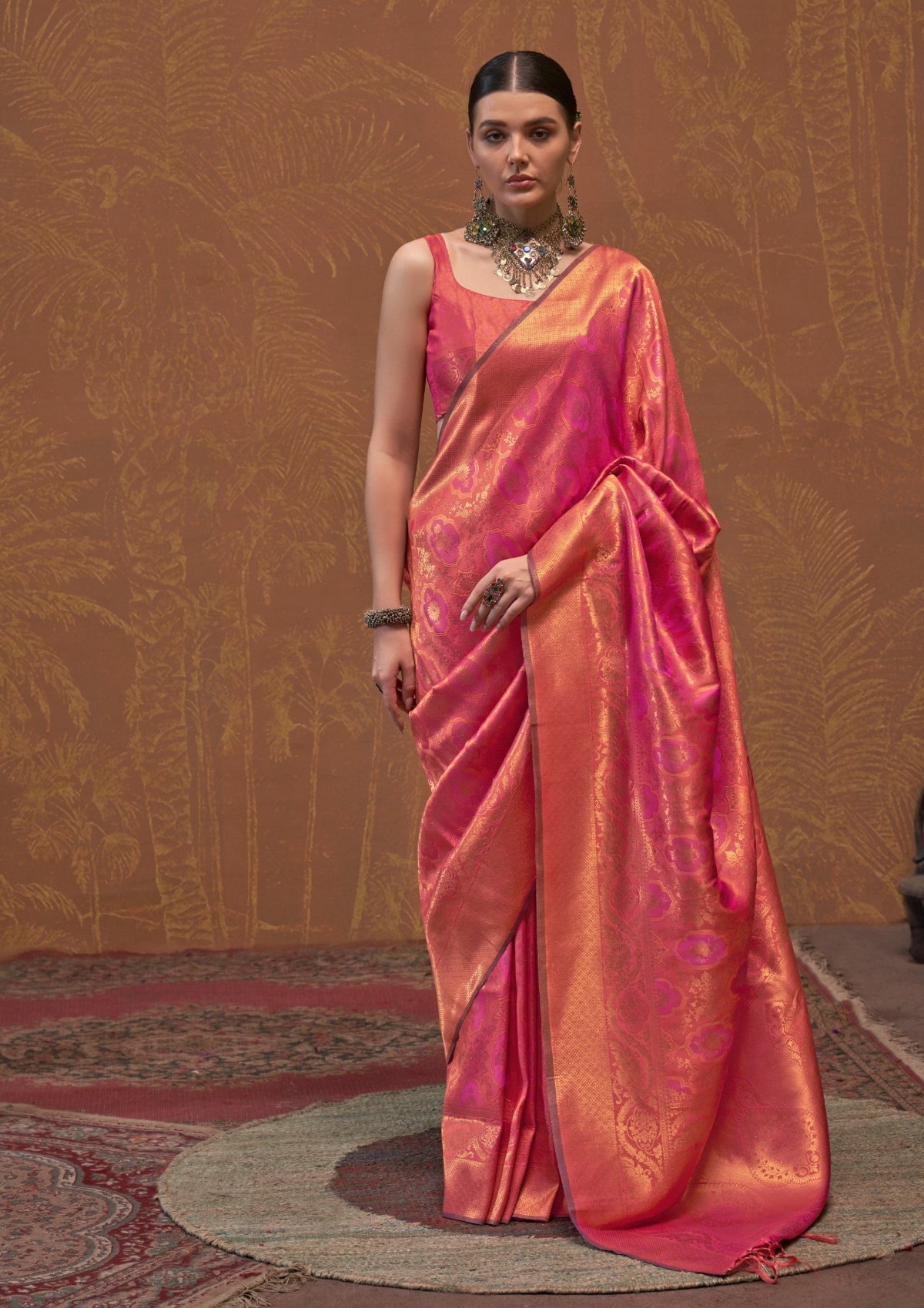 Persian Red Handloom Woven Silk Saree Shop Kanjivaram Sarees Online in India & USA