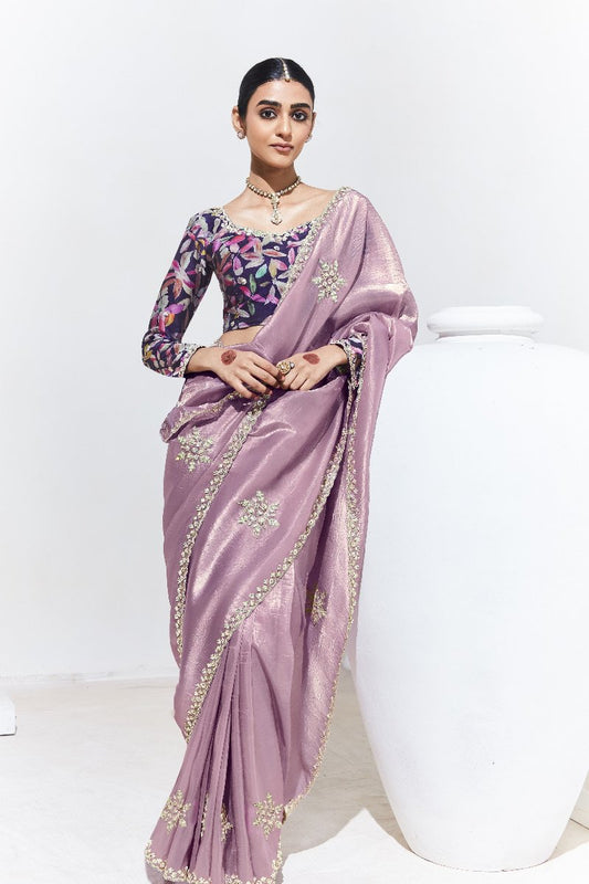 Pastel Mauve Crush Tissue Silk Saree With Designer Blouse