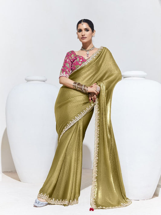 Olive Green Crush Tissue Silk Saree With Designer Blouse