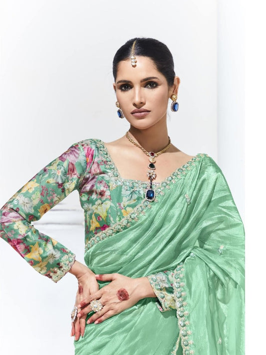 Mint Green Crush Tissue Silk Saree With Designer Blouse