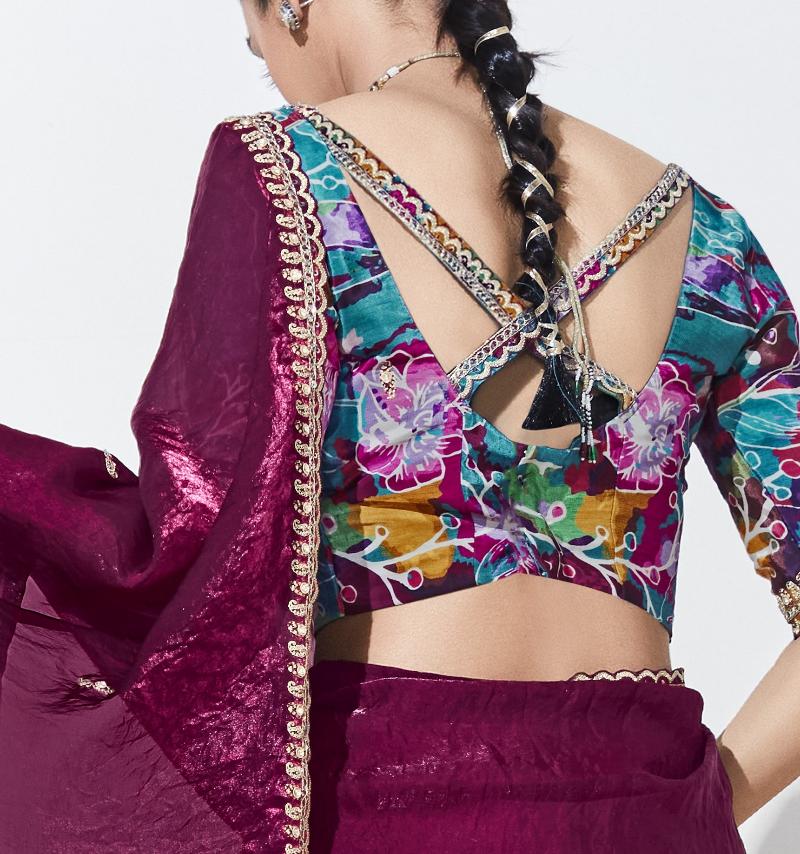 County Wine Crush Tissue Silk Saree With Designer Blouse