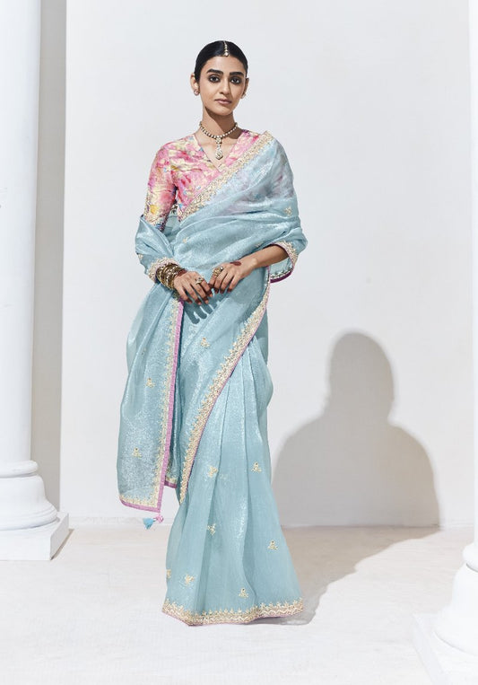 Pastel Blue Crush Tissue Silk Saree With Designer Blouse