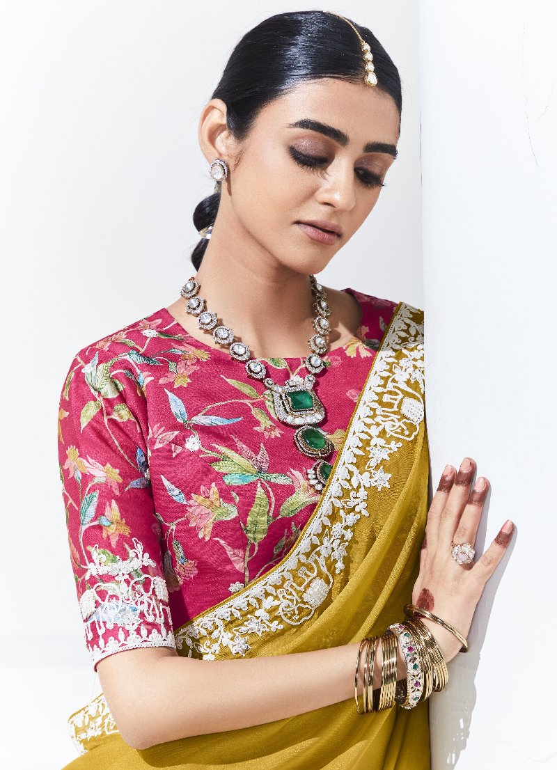 Mustard Yellow Crush Tissue Silk Saree With Designer Blouse