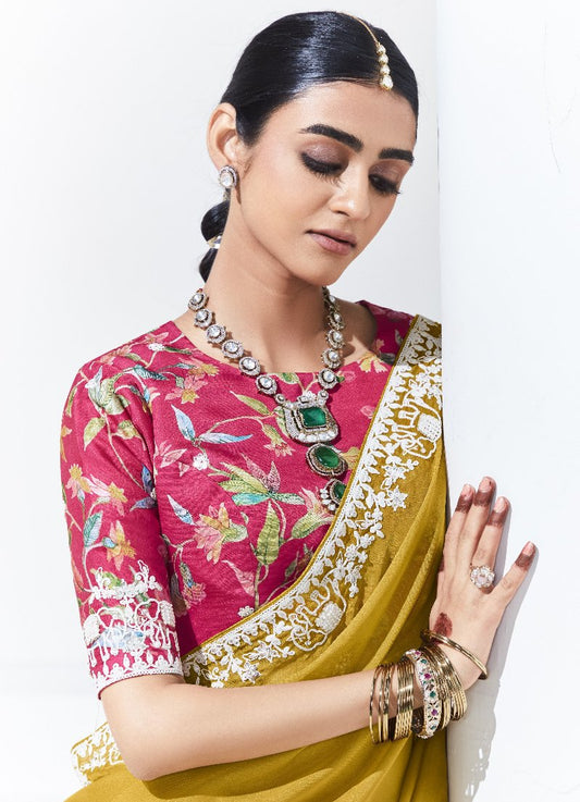 Mustard Yellow Crush Tissue Silk Saree With Designer Blouse