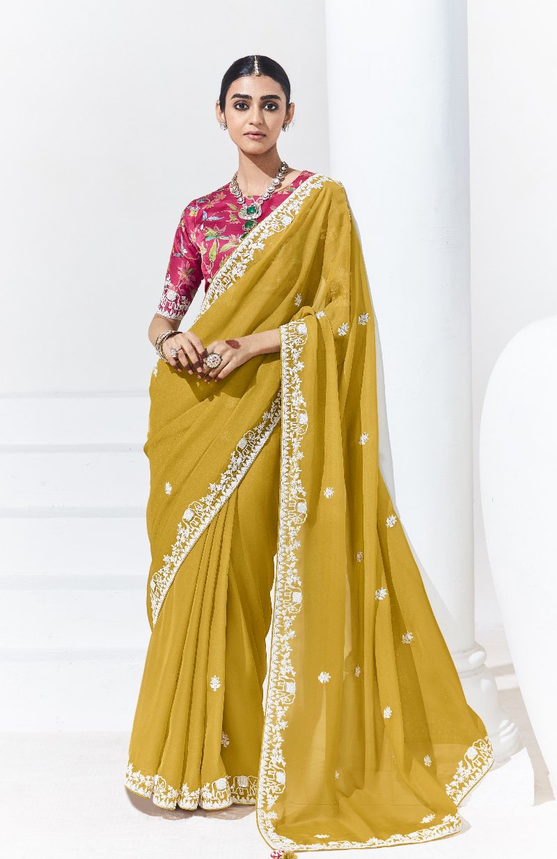 Mustard Yellow Crush Tissue Silk Saree With Designer Blouse