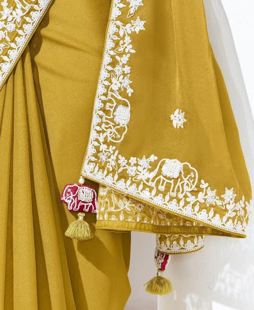 Mustard Yellow Crush Tissue Silk Saree With Designer Blouse
