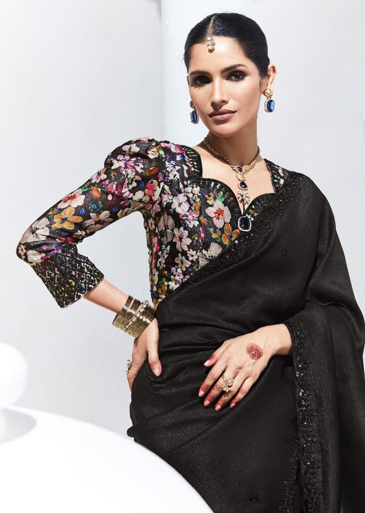 Ash Black Crush Tissue Silk Saree With Designer Blouse