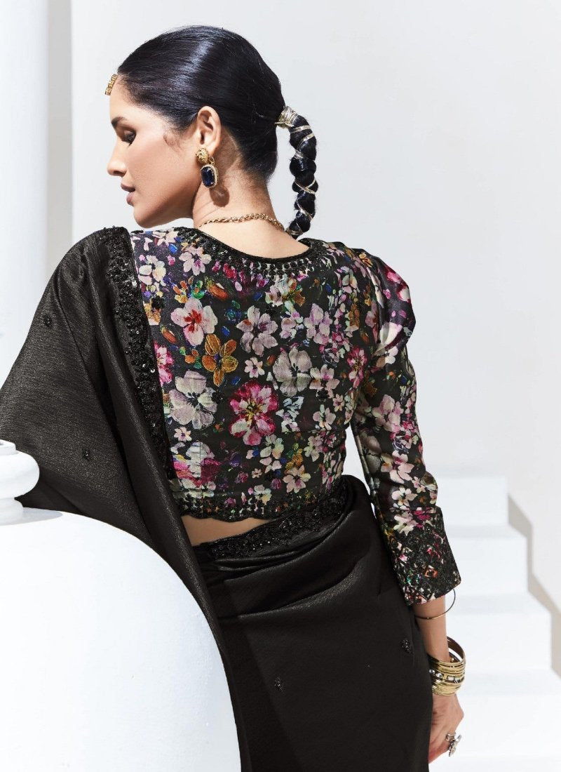 Ash Black Crush Tissue Silk Saree With Designer Blouse
