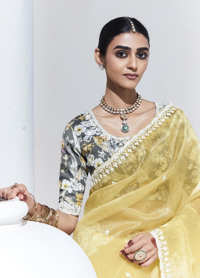 Pale Yellow Crush Tissue Silk Saree With Designer Blouse