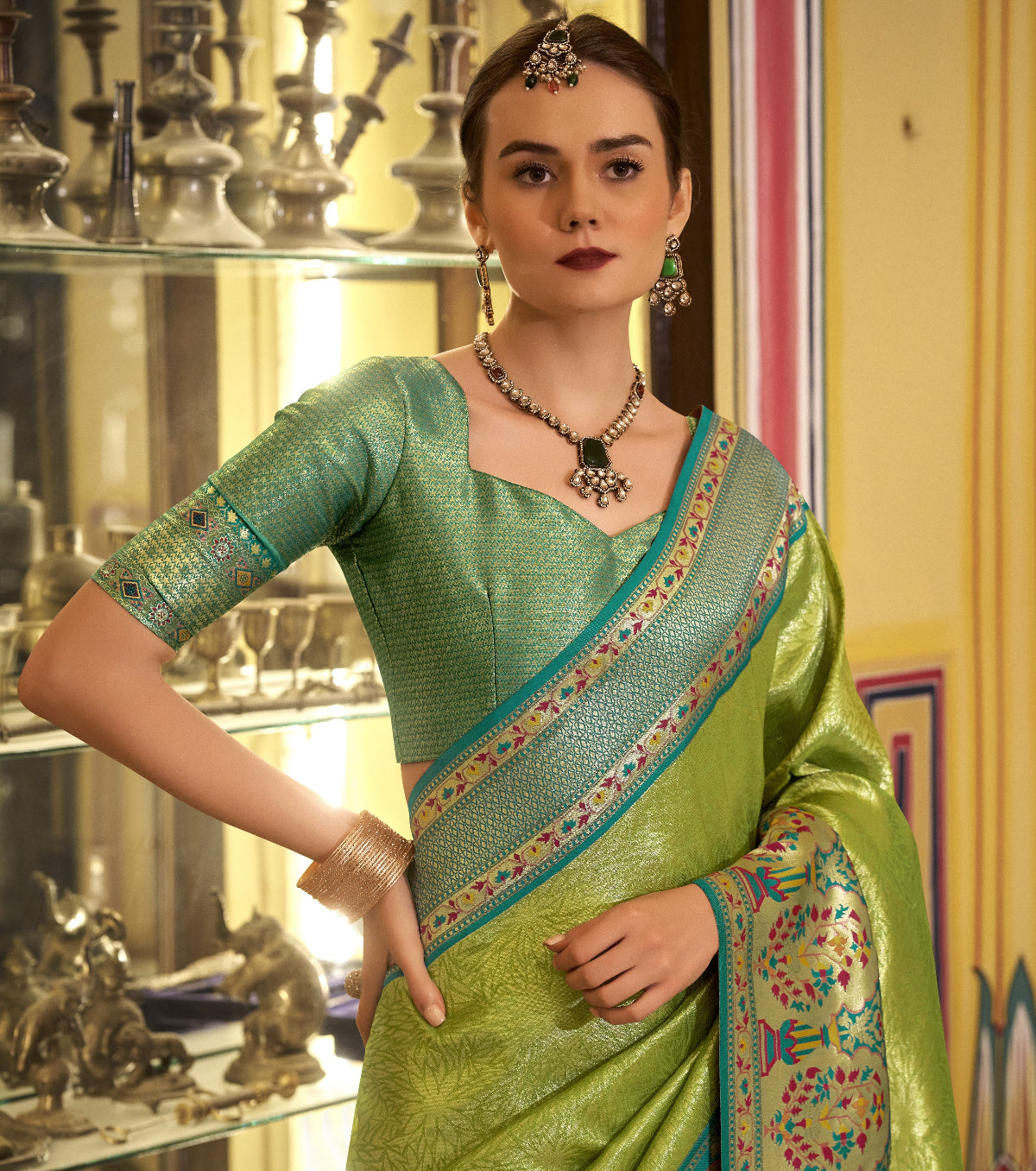 Shop Green Banarasi Silk Saree Online-STORI
