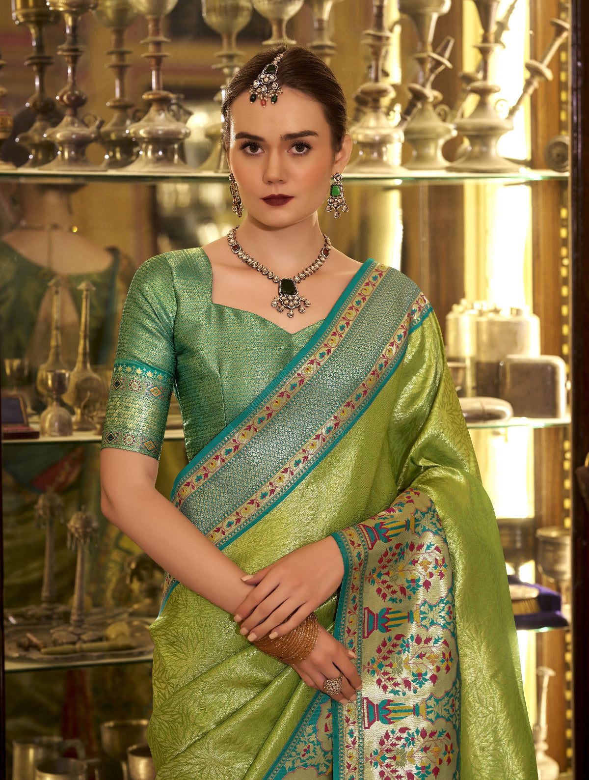 Shop Green Banarasi Silk Saree Online-STORI