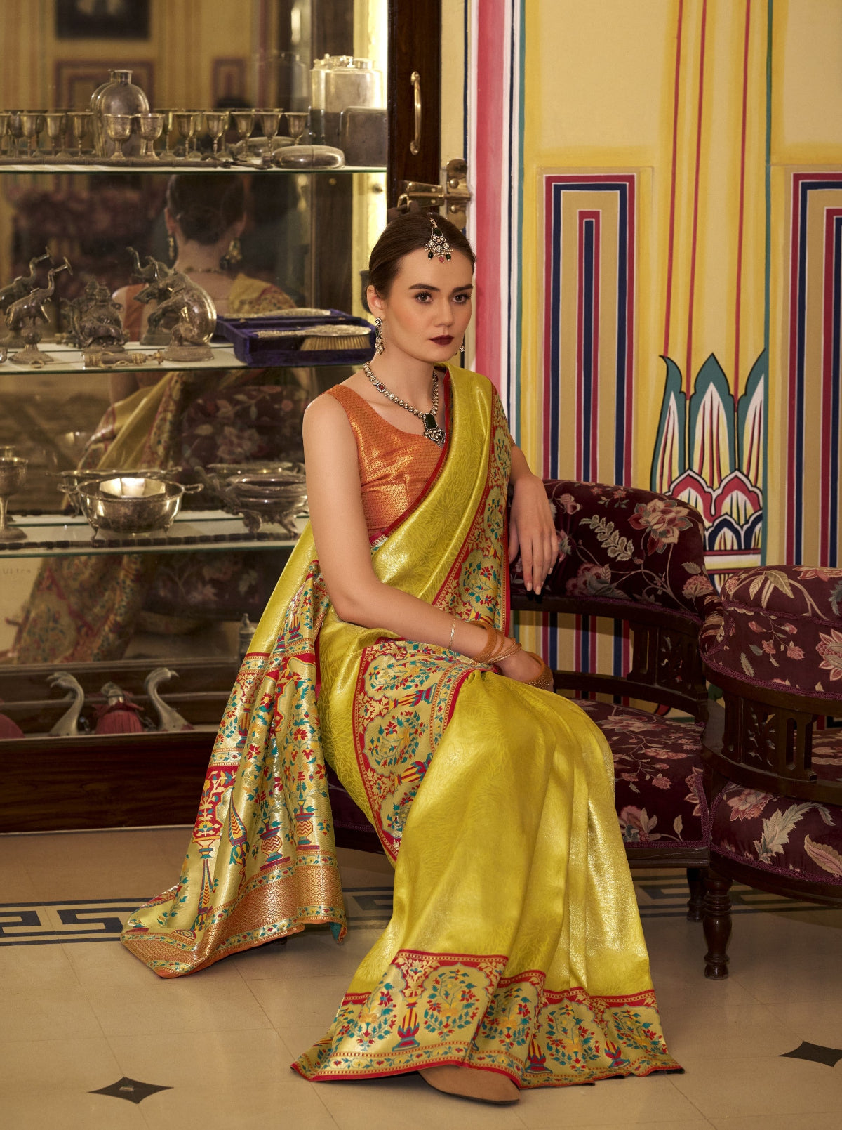By Yellow Banarasi Silk Saree Online-STORI