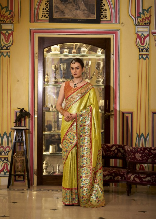By Yellow Banarasi Silk Saree Online-STORI