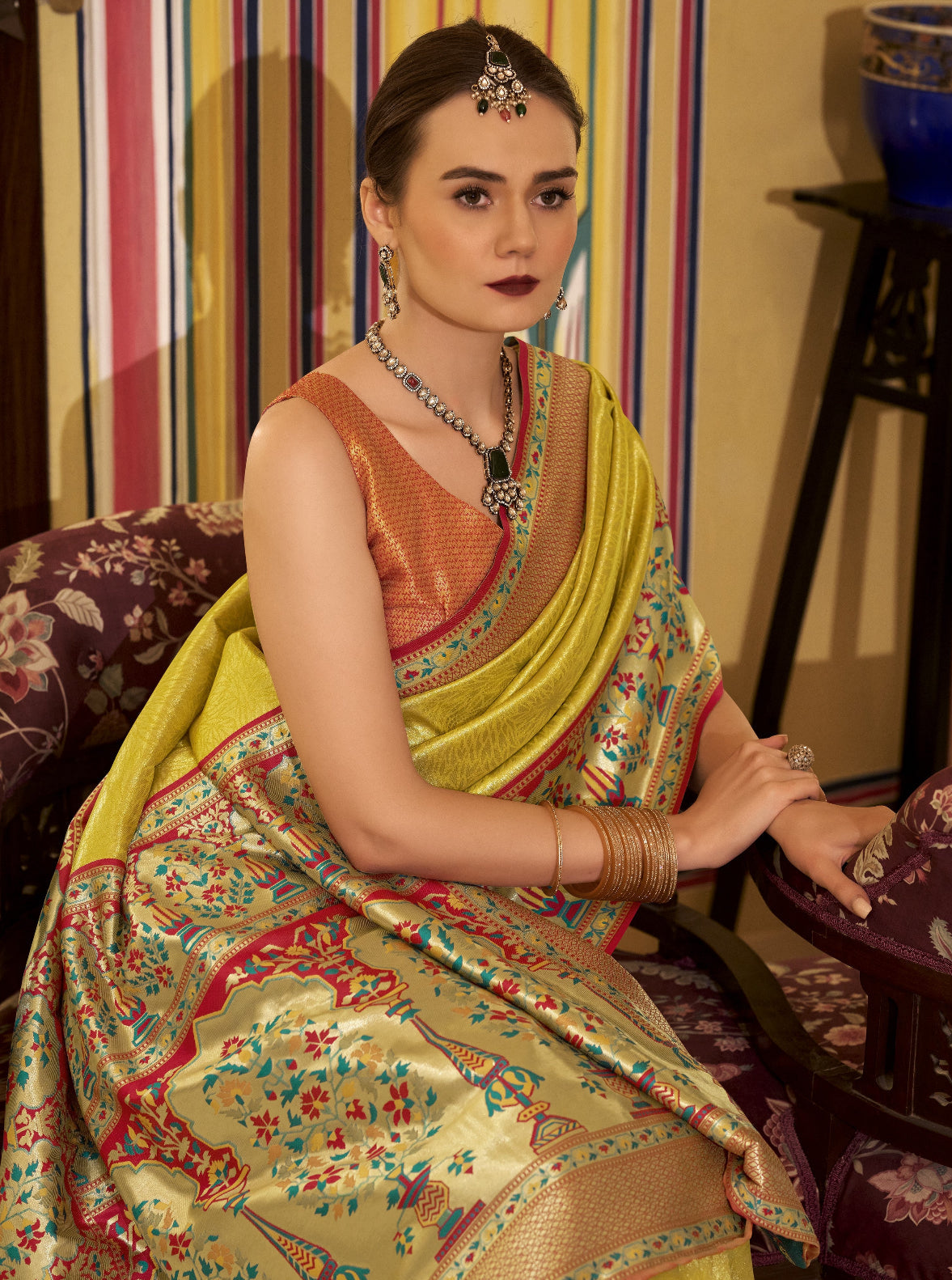 By Yellow Banarasi Silk Saree Online-STORI