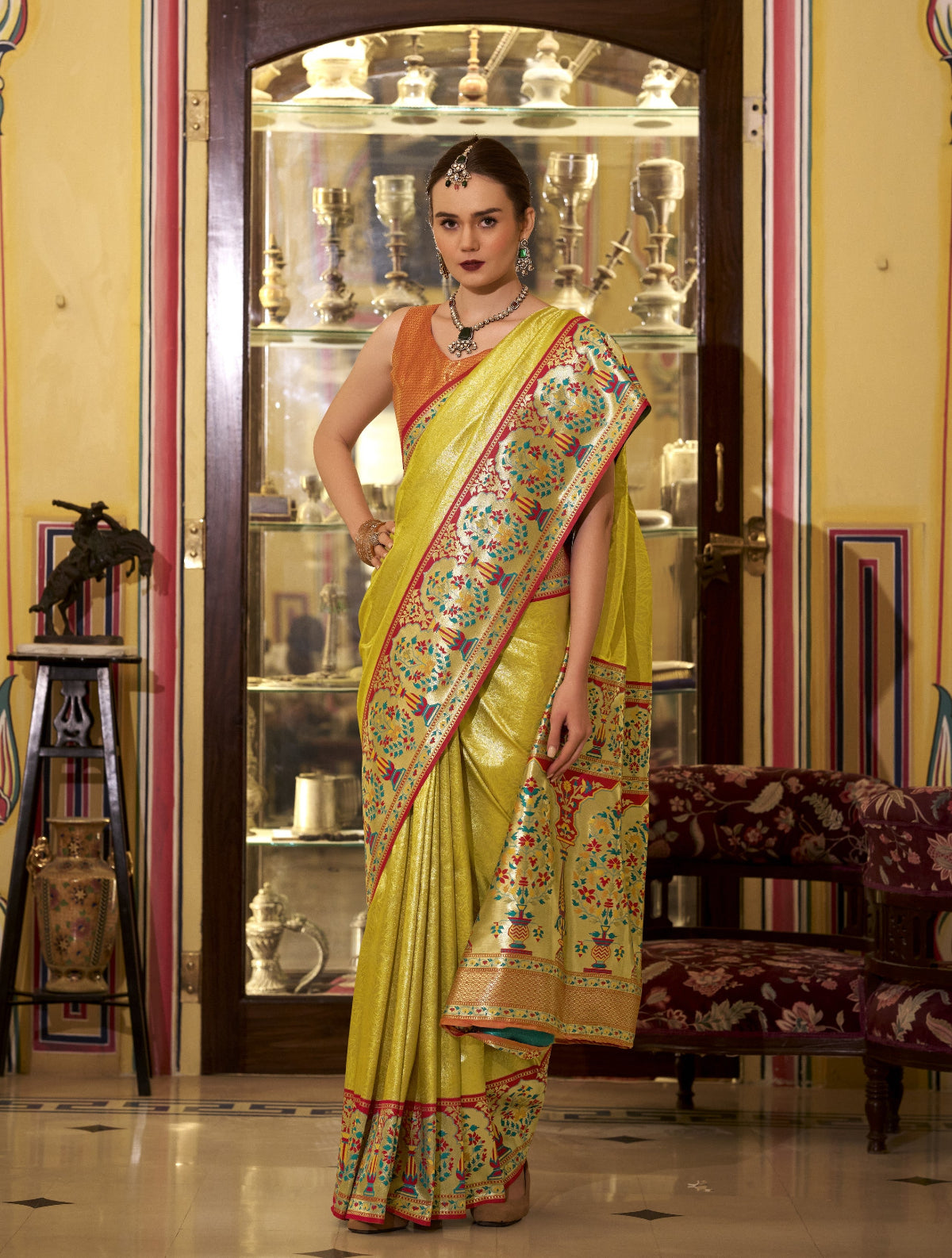 By Yellow Banarasi Silk Saree Online-STORI