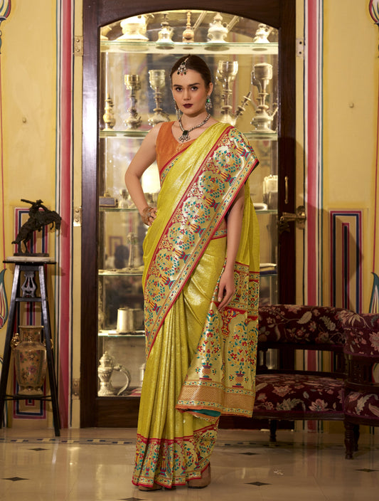 By Yellow Banarasi Silk Saree Online-STORI