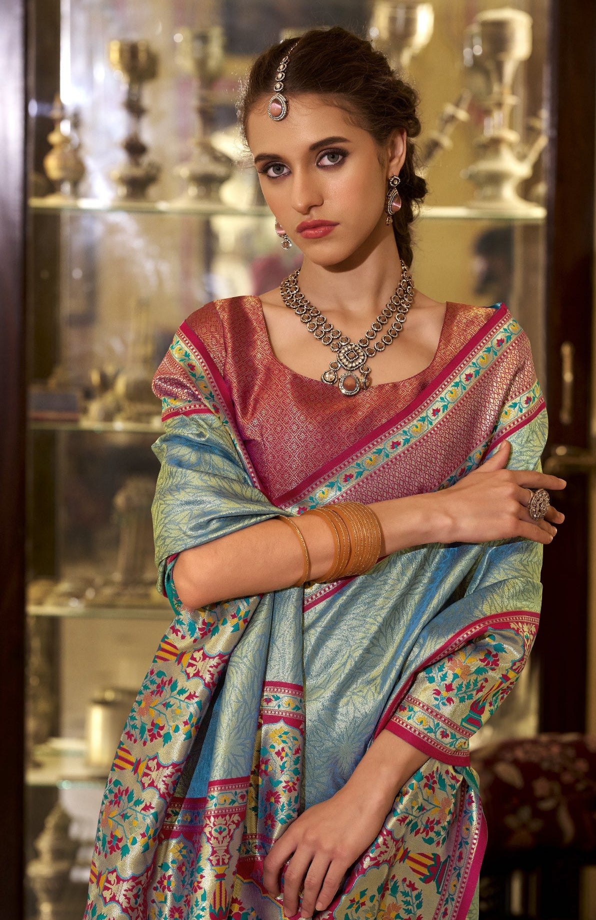 Shop Grey Banarasi Silk Saree Online-STORI