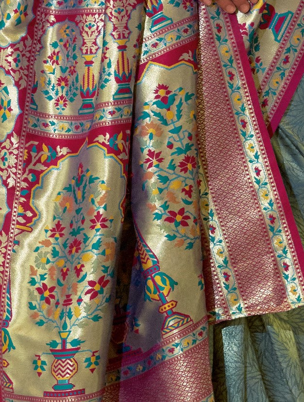 Shop Grey Banarasi Silk Saree Online-STORI