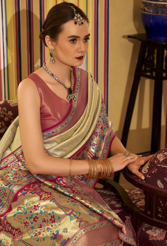 Shop Golden Banarasi Silk Saree Online-STORI