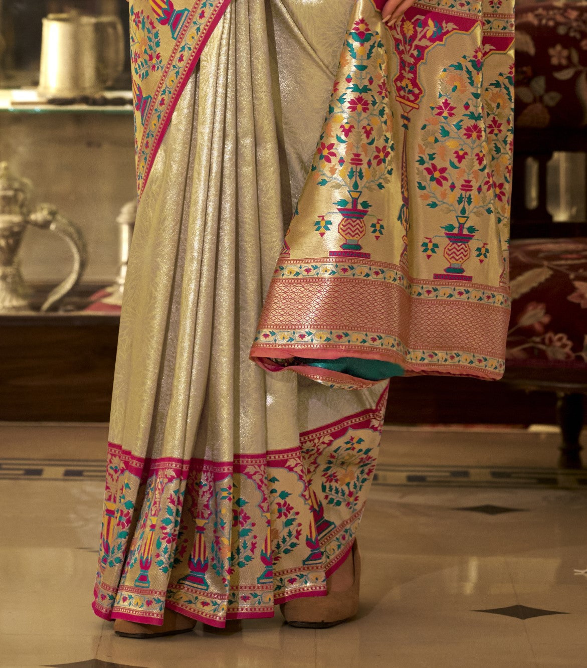 Shop Golden Banarasi Silk Saree Online-STORI