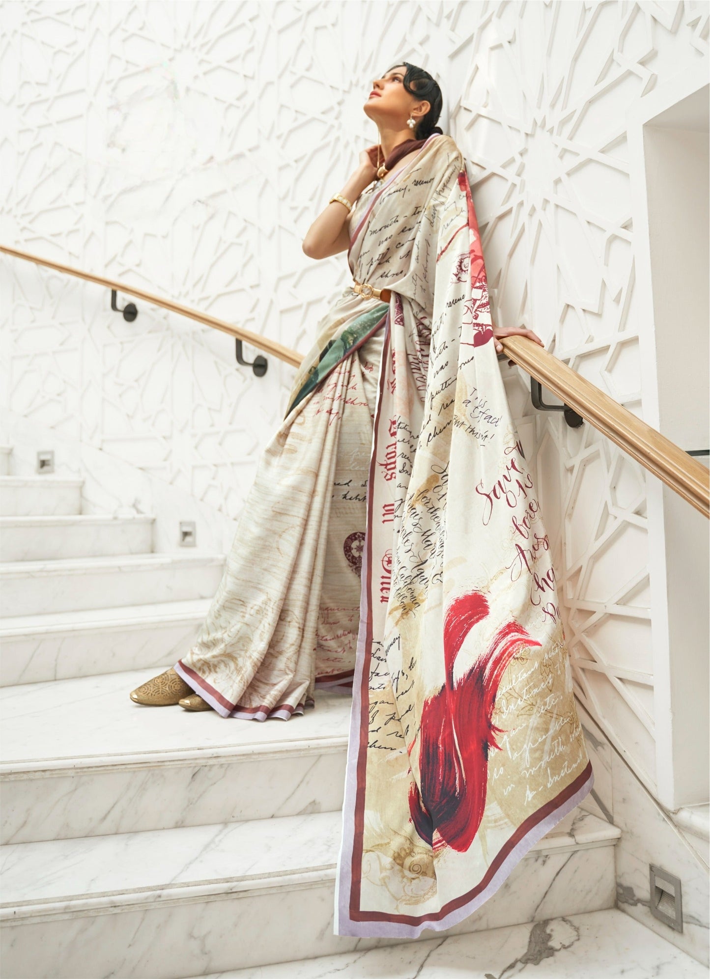 Off White Printed Kalamkari Satin Crepe Silk Saree