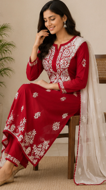 Zaarah Deep Red Handcrafted Soft Modal Cotton Chikankari Kurti