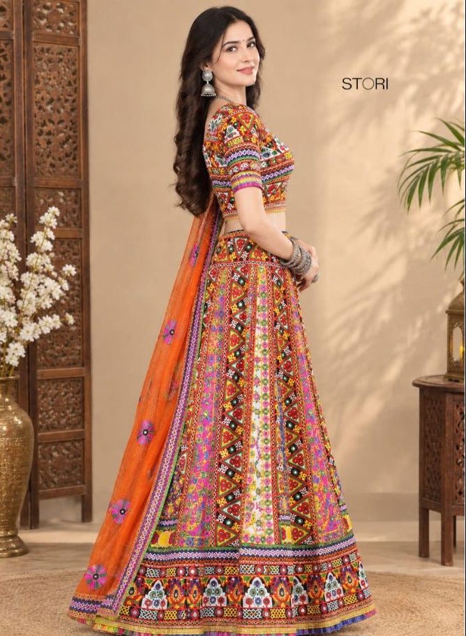 Orange Heavy embroidery Kali pattern Lehenga Choli Set