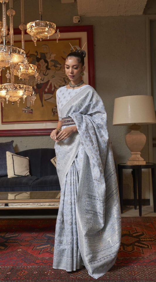 Silver Chalice Kani Handloom Woven Silk Saree