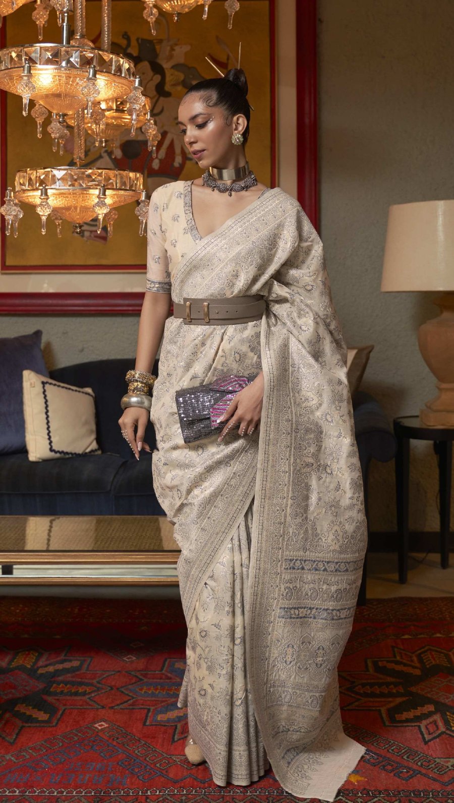 Yellow Beige Kani Handloom Woven Silk Saree