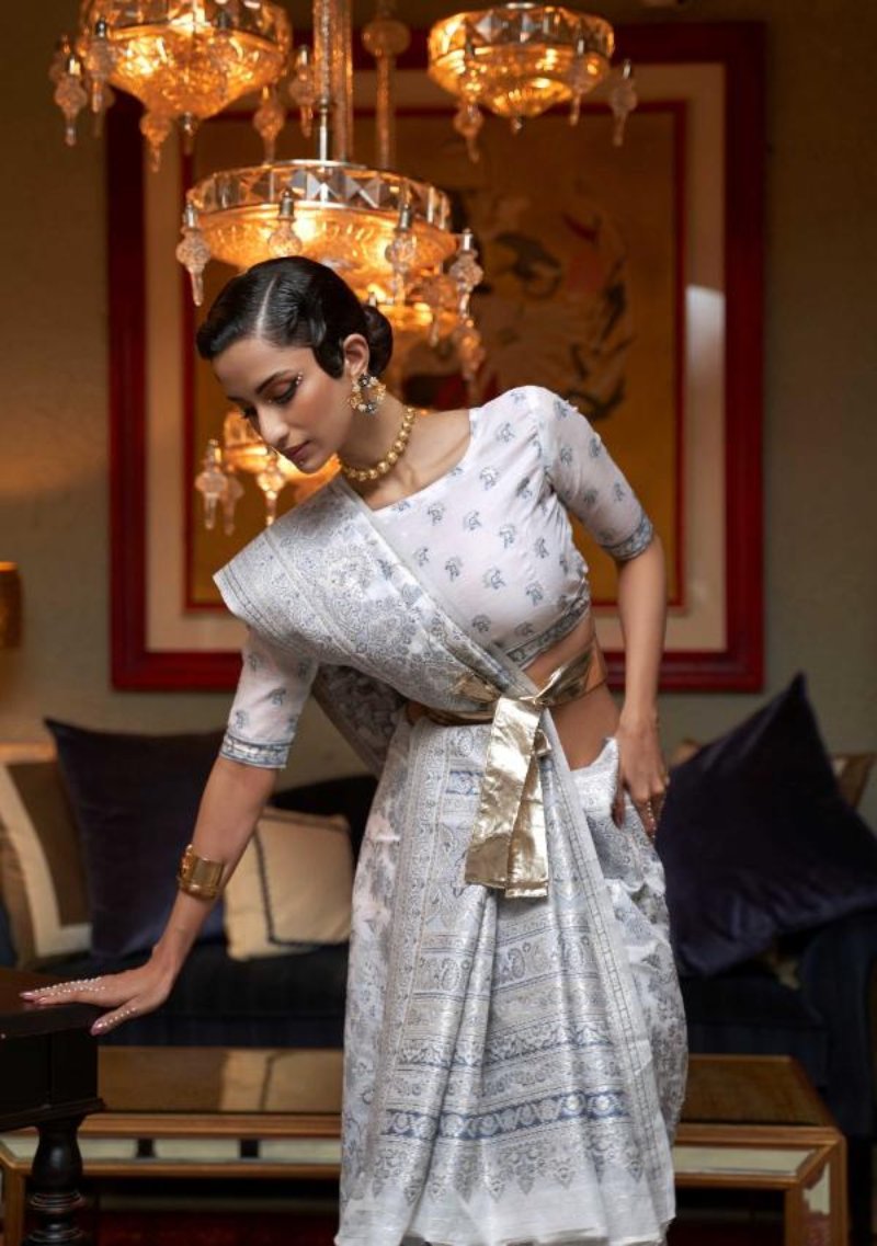 Pale Grey Kafreen Kani Handloom Woven Silk Saree