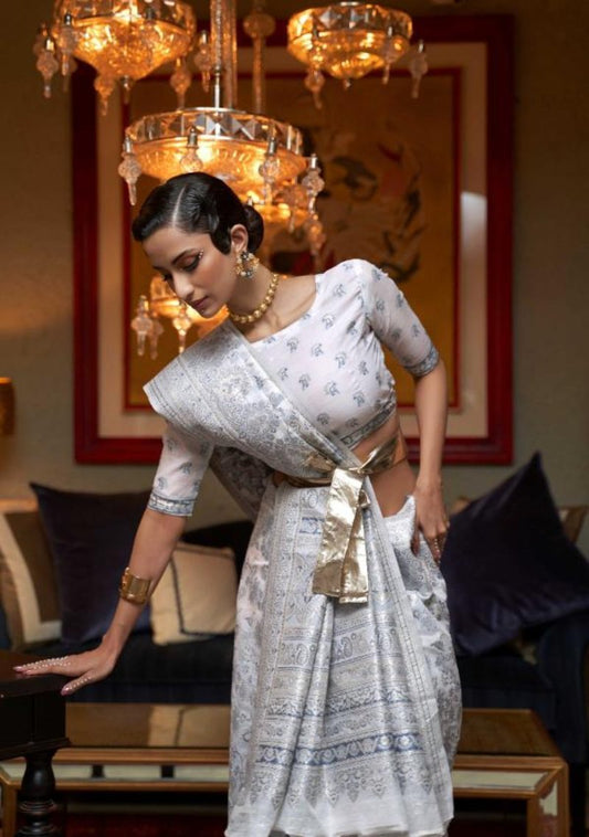 Pale Grey Kafreen Kani Handloom Woven Silk Saree
