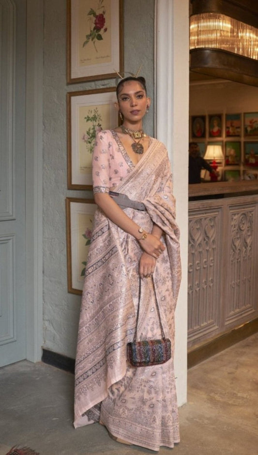 Misty Rose Kafreen Kani Handloom Woven Silk Saree