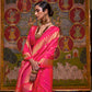 Bright Pink Zari Woven Broad Floral Border Handloom Silk Saree