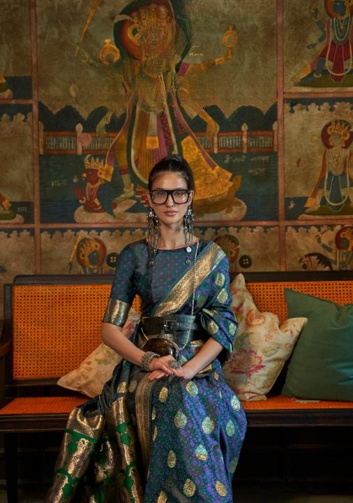 Peacock Blue Satin Silk Saree