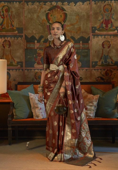 Brown Satin Silk Sarees Online STORI