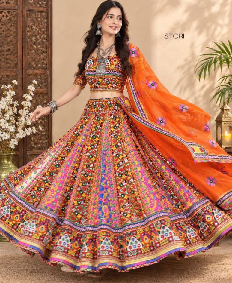 STORI Orange Heavy embroidery Kali pattern Lehenga Choli Set