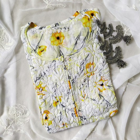 Floral Pale Yellow Printed Cotton Mulmul Chikankari Kurti