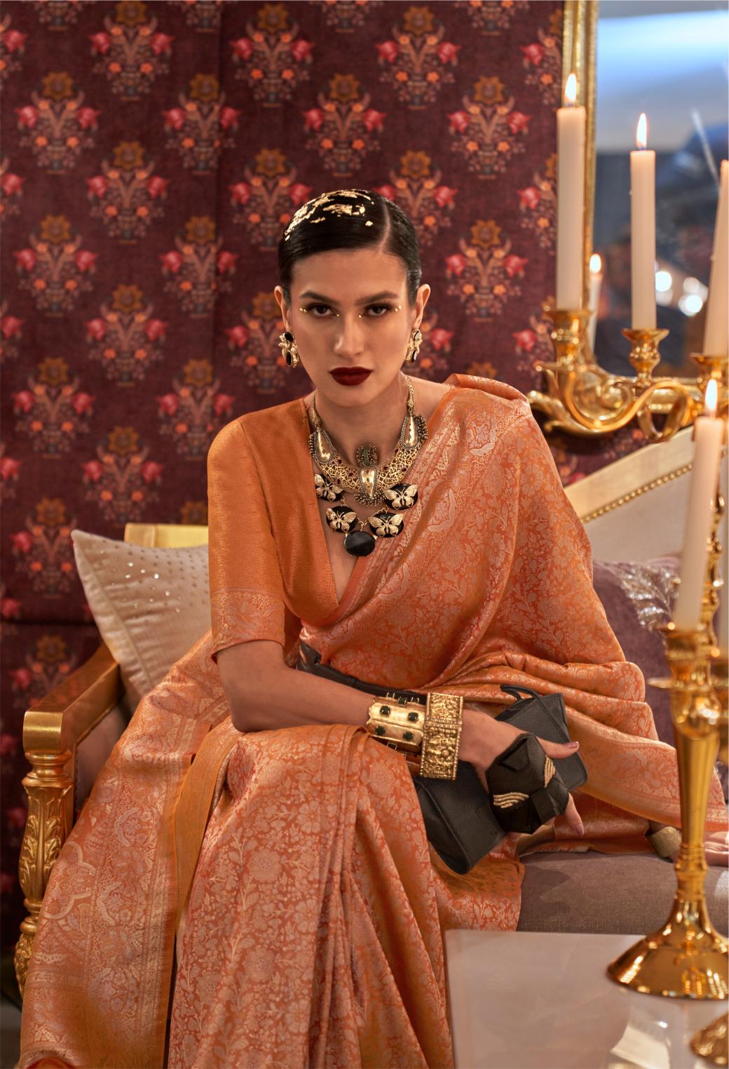 Peach Orange Brocade Woven Kanjivaram Silk Saree