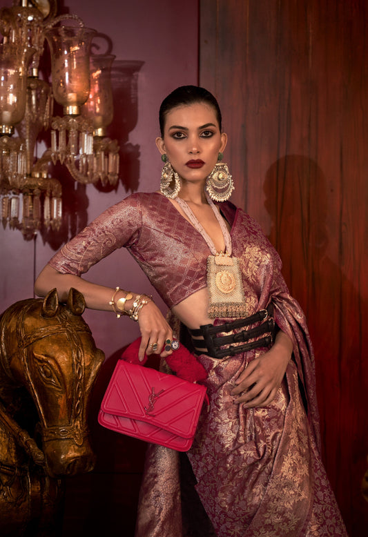 Purplish Maroon Zari Woven Silk Saree