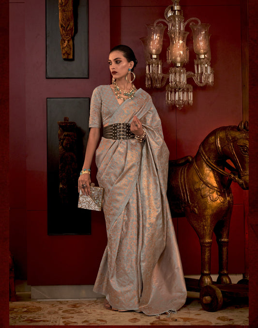 Buy Grey Banarasi Silk Sarees Online-STORI