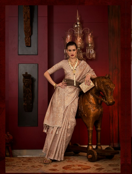 Beige Zari Woven Silk Saree