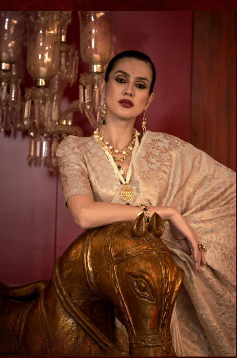 Beige Zari Woven Silk Saree