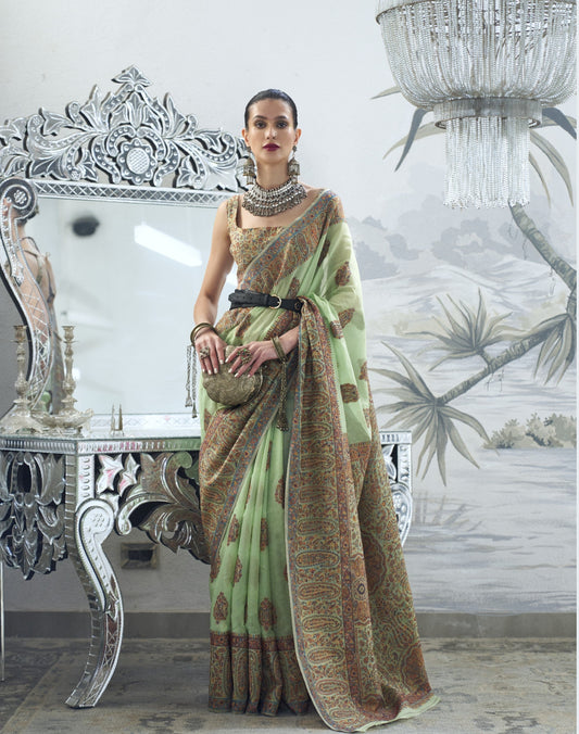  Buy Green Kashmiri Silk Sarees Online-STORI
