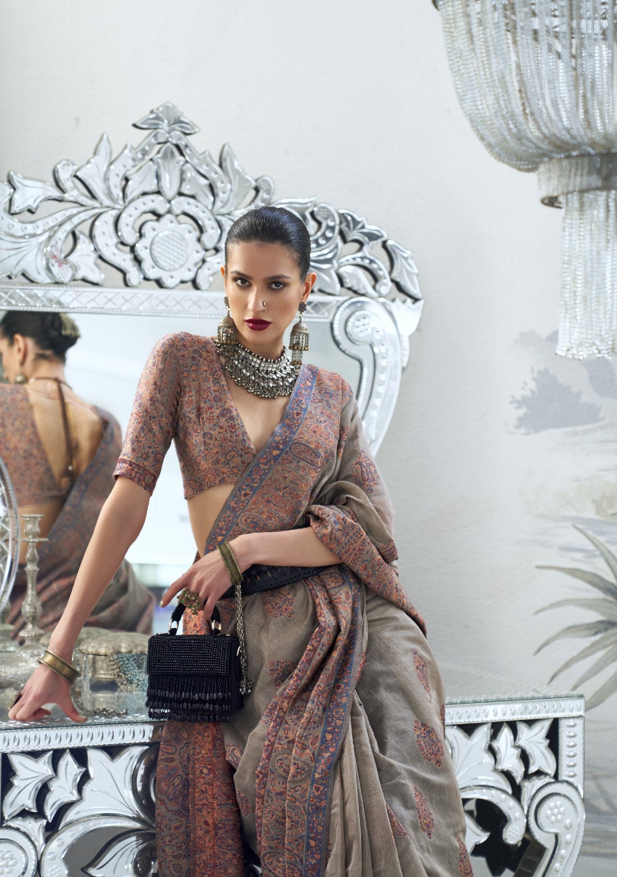 Buy Grey Kashmiri Silk Sarees Online-STORI