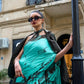 Aquamarine Blue Printed Satin Crepe Silk Statement Saree