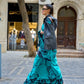 Aquamarine Blue Printed Satin Crepe Silk Statement Saree