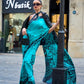 Aquamarine Blue Printed Satin Crepe Silk Statement Saree