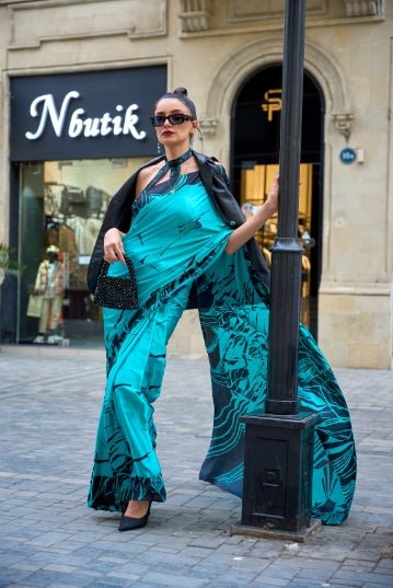 Aquamarine Blue Printed Satin Crepe Silk Statement Saree