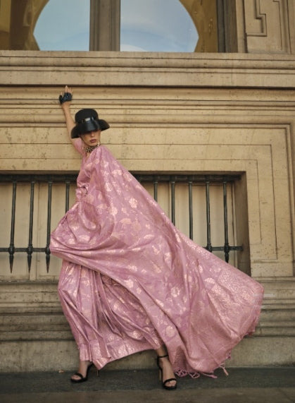 Flamingo Pink Gota Handloom Woven Silk Saree