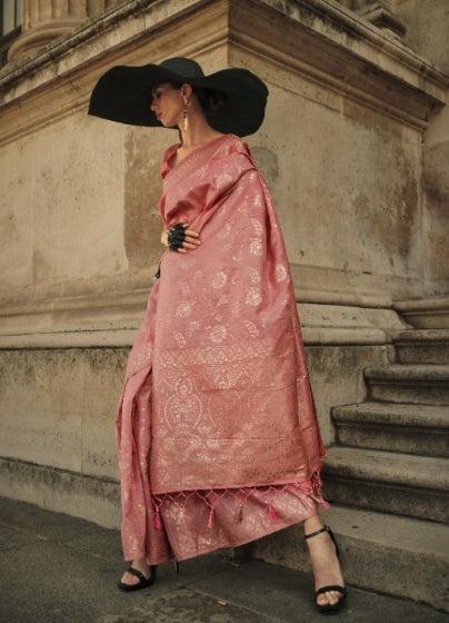 Light Peach Gota Handloom Woven Silk Saree